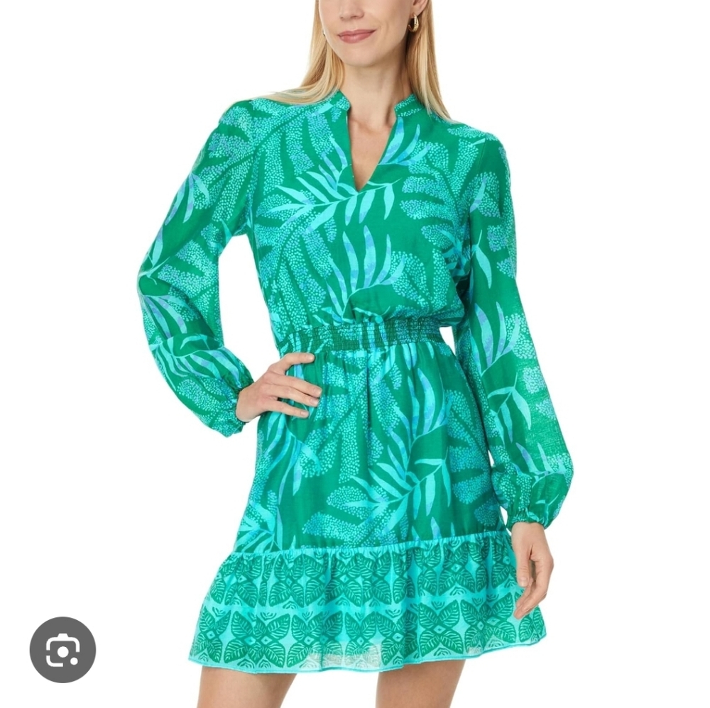Lilly Pulitzer Green Teal Leaf Print Long Sleeve Dress